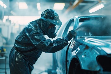 Poster - A man wearing a protective suit is seen painting a car. This image can be used to depict car maintenance, auto body repair, or vehicle customization