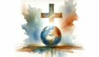 © Faith Stock - Earth and cross on a white background with watercolor splashes. Watercolor digital painting.