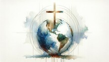 Watercolor Illustration Of A Christian Cross On Earth On A White Background. Digital Painting.