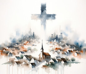 Wall Mural - Watercolor painting of a Christian cross over the town on a white background. Watercolor digital painting.