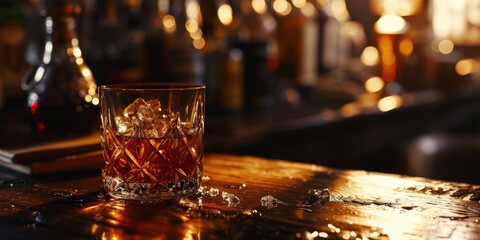 Aufkleber - A close-up view of a glass of alcohol on a bar. This image can be used to depict a bar scene or to illustrate the concept of relaxation and enjoyment