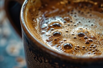 Poster - A close-up view of a cup of coffee on a table. Perfect for use in coffee shop promotions or lifestyle blog posts