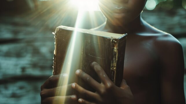 Close-up of a young african kid with the Holy Bible.