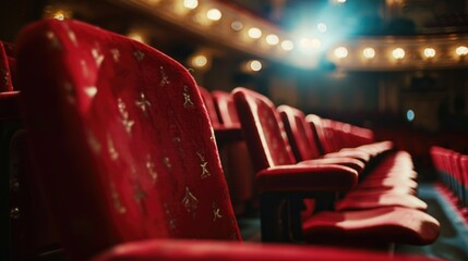 Poster - Rows of red seats in a theater. Suitable for use in theater-related articles or publications