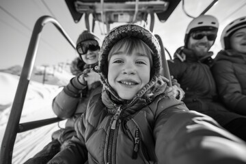 Sticker - A group of people enjoying a ride on a ski lift. Perfect for winter sport and adventure-themed projects