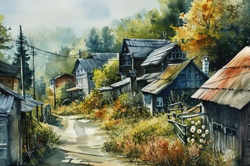 Poster - A beautiful watercolor painting depicting a peaceful rural village. Perfect for adding a touch of charm to any project or decor
