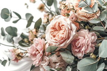 Poster - A beautiful bouquet of pink roses with vibrant green leaves. Perfect for any occasion or as a gift.