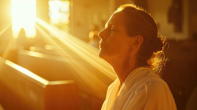 Sunlit prayer. Woman praying in the church in the sunbeams shining through the window.