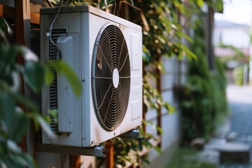 Poster - A white air conditioner sits on the side of a building, providing cooling relief. Suitable for various commercial and residential contexts