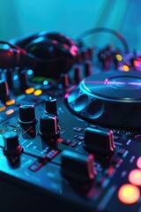 Poster - A detailed view of a DJ controller in a room. Ideal for music production, DJing, or nightclub-related projects