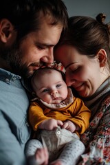 Poster - A picture of a man and a woman holding a baby. Suitable for family-related content