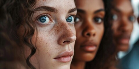 Poster - A close-up view of a woman's face with freckles. This image can be used to showcase natural beauty or as a representation of diversity