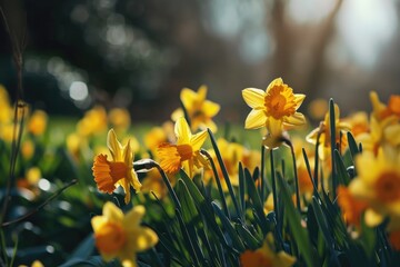 Poster - A beautiful field of yellow daffodils illuminated by the sunlight. Perfect for springtime themes and nature-inspired designs