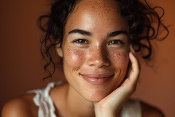 Poster - A close-up view of a woman's face with freckles. This image can be used to depict natural beauty or diversity