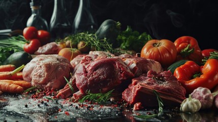 Poster - A variety of meats and vegetables arranged on a table. Perfect for showcasing a delicious meal or promoting healthy eating options