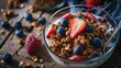 A delicious bowl of granola topped with fresh strawberries and blueberries. Perfect for a healthy breakfast or snack
