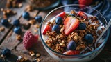 Fototapeta  - A delicious bowl of granola topped with fresh strawberries and blueberries. Perfect for a healthy breakfast or snack