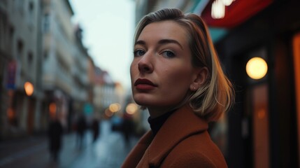 Poster - A woman standing on a city street, gazing into the distance. Suitable for various commercial and editorial uses