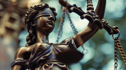 Poster - Lady Justice statue holding a sword, symbolizing strength and justice. Suitable for legal, law enforcement, and court-related themes