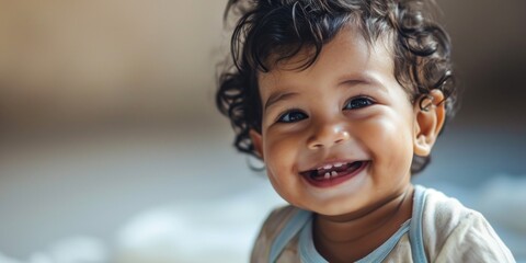 Aufkleber - A small child with curly hair smiling at the camera. Suitable for various uses
