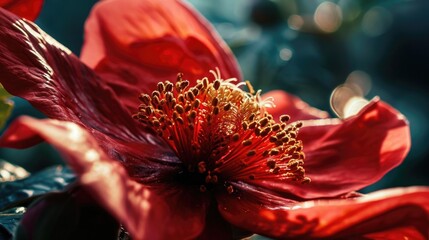 Poster - A detailed view of a vibrant red flower with lush green leaves. Perfect for adding a pop of color to any project or design