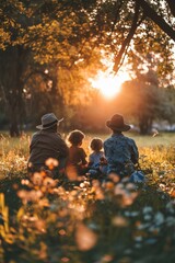 Poster - A family sitting together in a field, enjoying the beautiful sunset. Perfect for family bonding, nature, and relaxation concepts