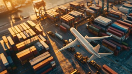 Poster - An airplane is flying over a large number of shipping containers. This image can be used to depict transportation, logistics, global trade, or the shipping industry