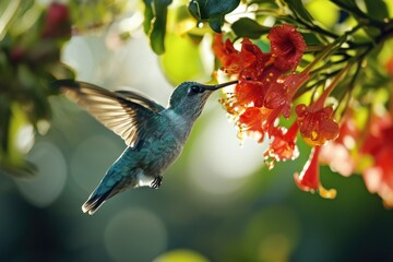 Poster - A vibrant hummingbird in flight near a colorful flower. Perfect for nature and wildlife themes