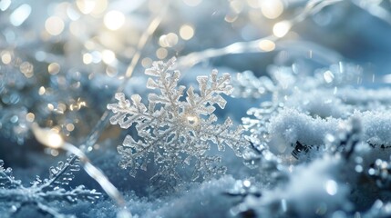 Poster - A detailed close-up of a snowflake resting on a plant. This image captures the intricate details of the snowflake and its delicate placement on the plant.