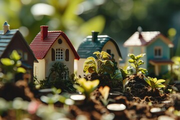 Poster - Miniature houses and plants in a garden. Ideal for showcasing small-scale architecture and garden design