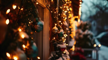 Poster - Colorful row of Christmas lights hanging from the side of a building. Perfect for festive decorations or holiday-themed designs