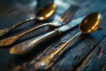 Poster - Silverware placed neatly on a wooden table. Perfect for restaurant menus or home cooking blogs