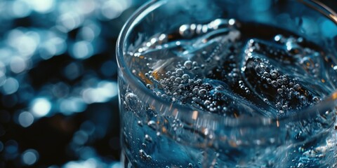 Poster - A refreshing glass of water filled with ice cubes. Perfect for quenching your thirst on a hot day or as a symbol of purity and cleanliness.