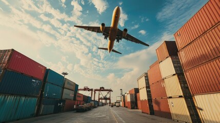 Poster - An airplane is flying over a large number of shipping containers. This image can be used to depict transportation, logistics, or global trade