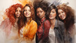 Cheerful multiracial group of friends enjoying their time together. Watercolor style portrait for women's day