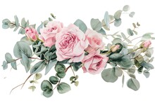 A Beautiful Painting Featuring Pink Roses And Eucalyptus Leaves. Perfect For Adding A Touch Of Elegance To Any Space.