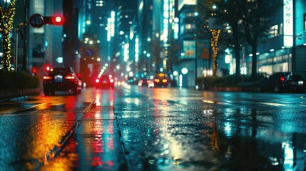 Poster - A rainy city street at night with a red traffic light. Suitable for urban scenes and transportation concepts