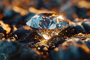 Poster - A sparkling diamond sitting on top of a pile of rocks. Suitable for jewelry or nature-themed designs