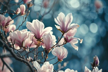 Poster - A close-up view of a bunch of flowers growing on a tree. This image can be used to depict the beauty of nature or as a symbol of growth and vitality