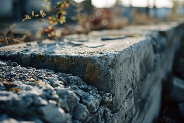Poster - A close up of a stone wall with a plant growing out of it. This image can be used to depict nature, resilience, and growth