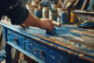 Poster - A person is seen using a paint brush on a blue table. This image can be used for various creative projects