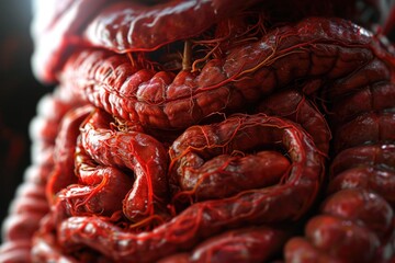 Poster - A pile of sausages stacked on top of each other. Great for food-themed designs and advertisements