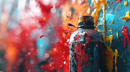 Poster - A close up view of a spray can with red paint. This image can be used for various purposes