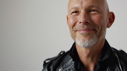 Poster - A bald man wearing a black leather jacket. Suitable for fashion, lifestyle, or urban-themed projects