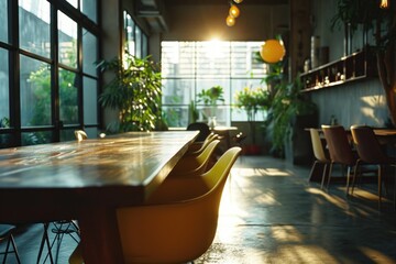 Poster - A wooden table with four yellow chairs placed in front of a window. Perfect for home decor and interior design projects
