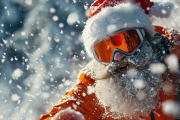 Poster - A man wearing a santa hat and goggles, perfect for winter holiday and Christmas-themed designs