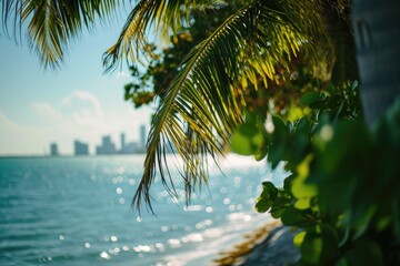 Poster - A stunning view of a cityscape as seen from a beautiful beach. Perfect for travel and vacation related designs