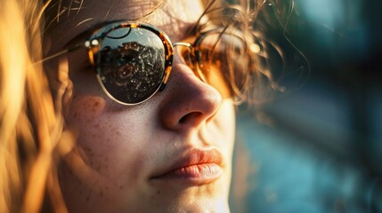 Poster - Person wearing sunglasses up close. Suitable for fashion, summer, or outdoor-themed projects