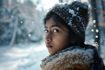 Sticker - A young girl wearing a winter coat and hat gazes into the distance. This image can be used to portray a sense of hope, contemplation, or anticipation.