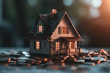 Poster - A model house sitting on top of a pile of coins. Perfect for illustrating concepts of savings, investment, financial stability, or real estate